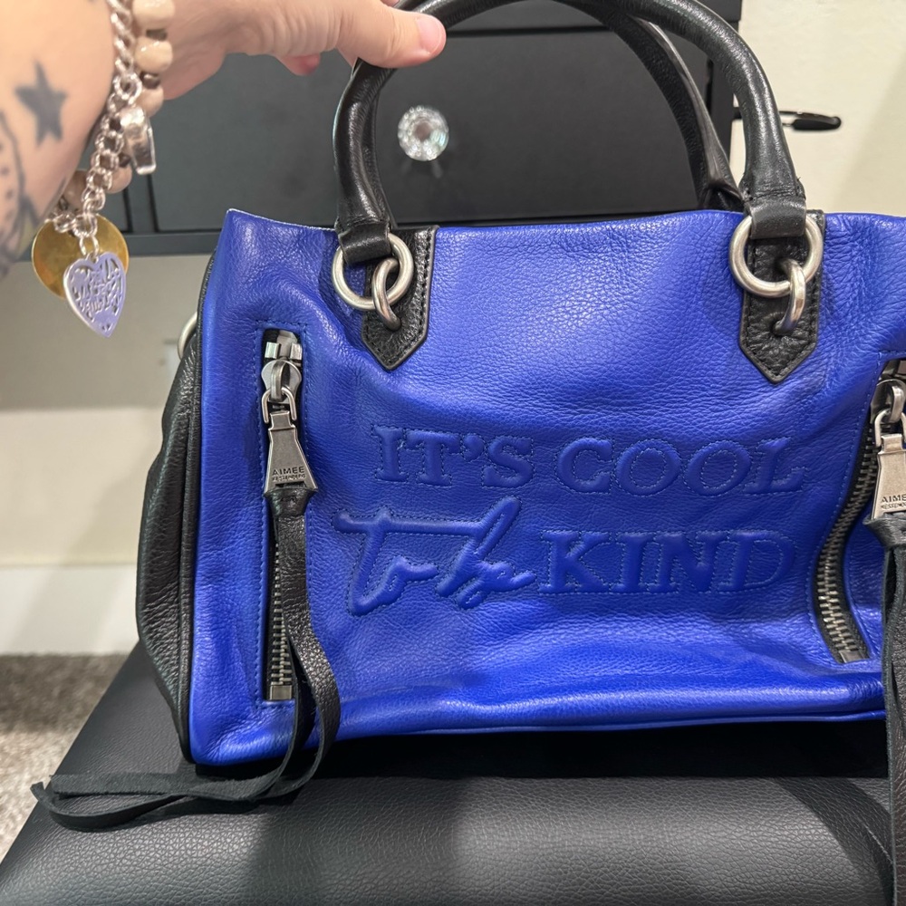 Aimee Kestenberg Blue and Black Satchel with Silver Hardware